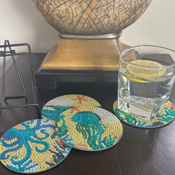 Handcrafted Coastal Diamond Art Coasters – Ocean Theme | Set of 4 Gift Ready - Picture 3 of 6